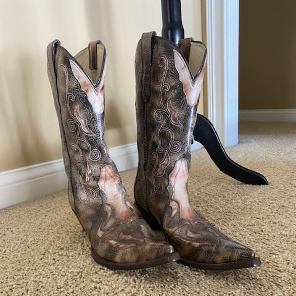 Corral Boots, Brown, Hand-Tooled Leather Cowgirl Boot, Like New, SZ 11
